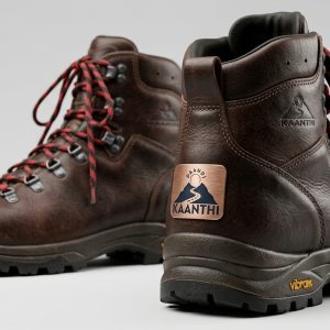 Brown leather trekking boots with Vibram sole for mountain hiking